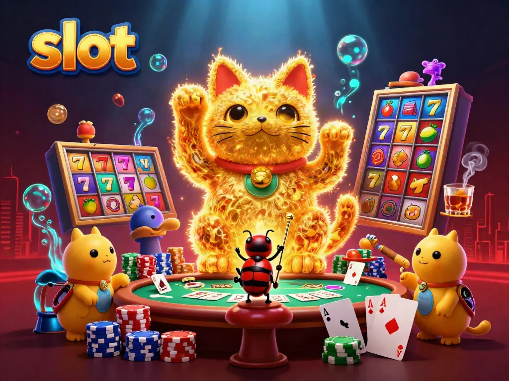 Slot-themed artwork featuring a lucky cat made of golden fireflies and vibrant casino symbols.