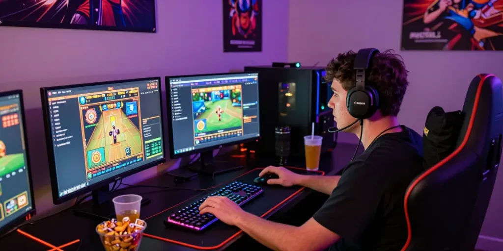 Engaging online gaming scene with a player focused on link alternatif proplay88 slot game, vibrant RGB lighting, and multiple screens.
