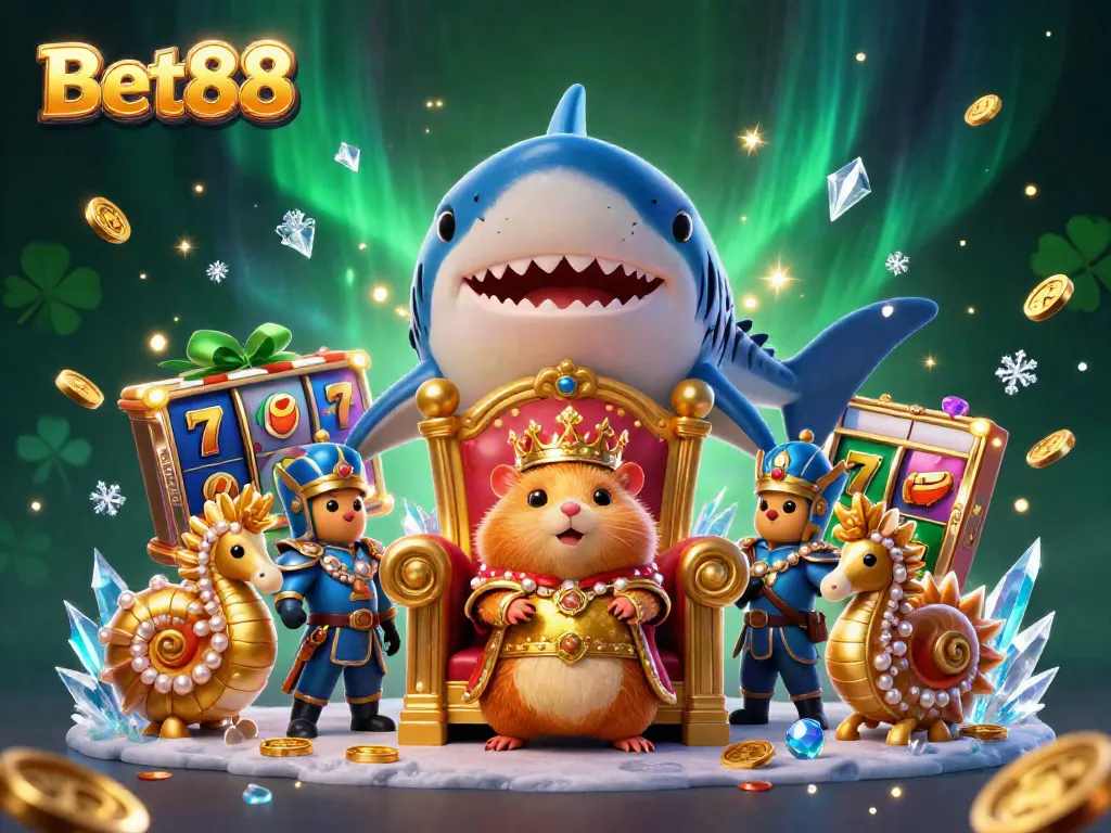 Engage with Bet88's thrilling gaming experience with colorful slot reels and golden coins swirling around a hamster king.