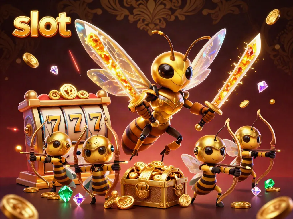 Slot mesin berkilauan menyala dengan raja hornet dan pemanah di antara tumpukan emas.