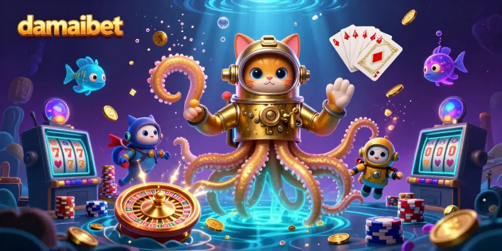 Dive into damaibet's thrilling casino world with a kraken, diving cat, and glowing fish amidst gaming splendor.