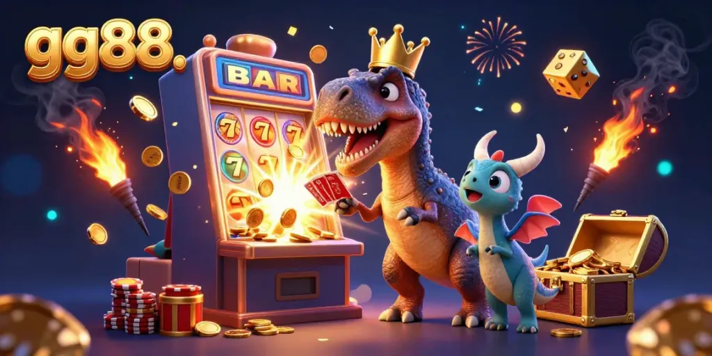 Experience the excitement of gg88 with this vibrant 3D T-Rex character shuffling cards and a wealth of casino elements.