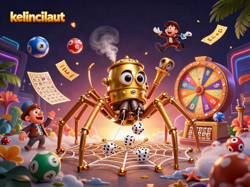 Play exciting games on kelincilaut with vibrant lottery balls, a golden spider, and amusing casino elements.