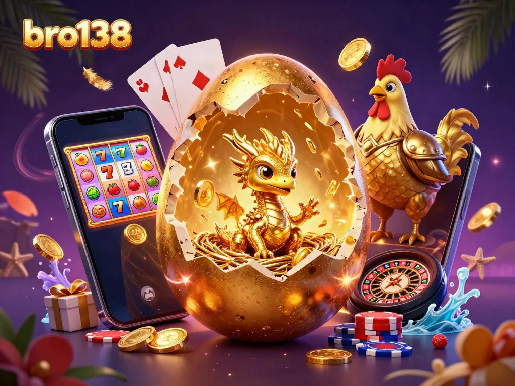 Experience slots excitement with bro138 as the golden egg reveals a winning baby dragon surrounded by gaming elements.