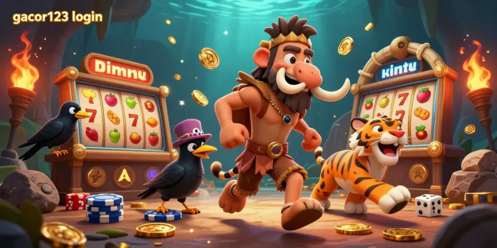 Spin to win with gacor123 login in this vibrant casino scene featuring prehistoric characters.