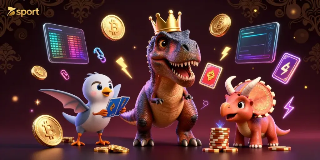 Engage with Bsport's vibrant environment, featuring a T-Rex handling cards and dinosaurs stacking chips in a dynamic casino scene.