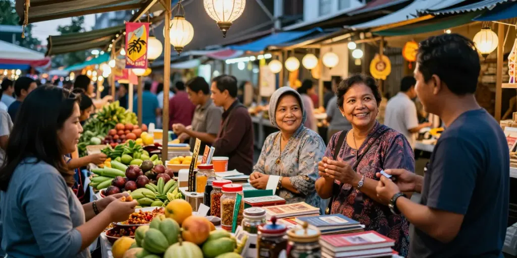 Pasar malam yang ramai dengan penjual dan pembeli, menampilkan buku mimpi bukumimpi138.