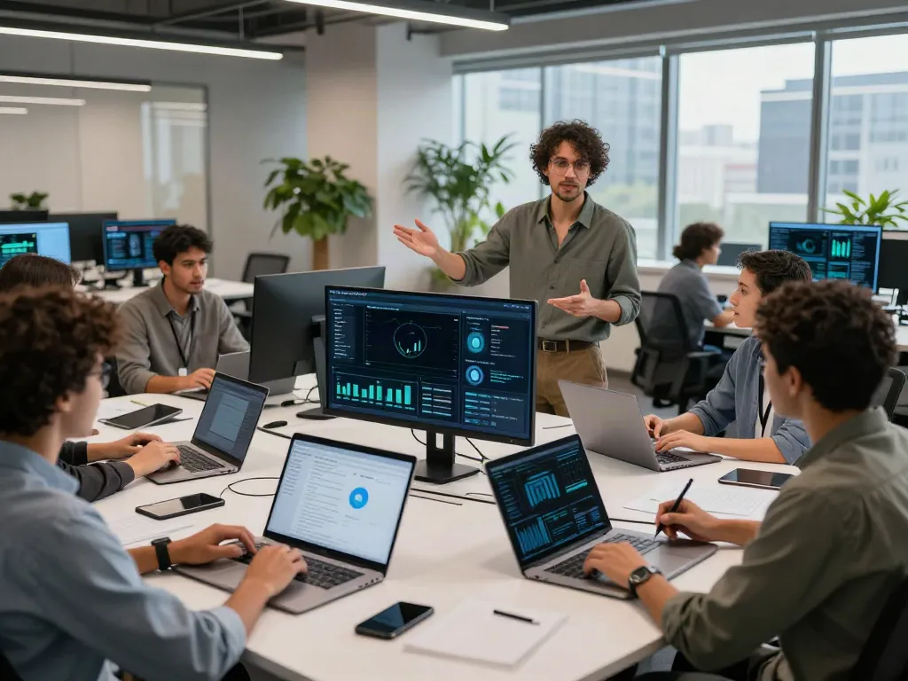 Collaborative tech workspace showcasing a dataset search tool team discussing AI projects with dynamic visuals.