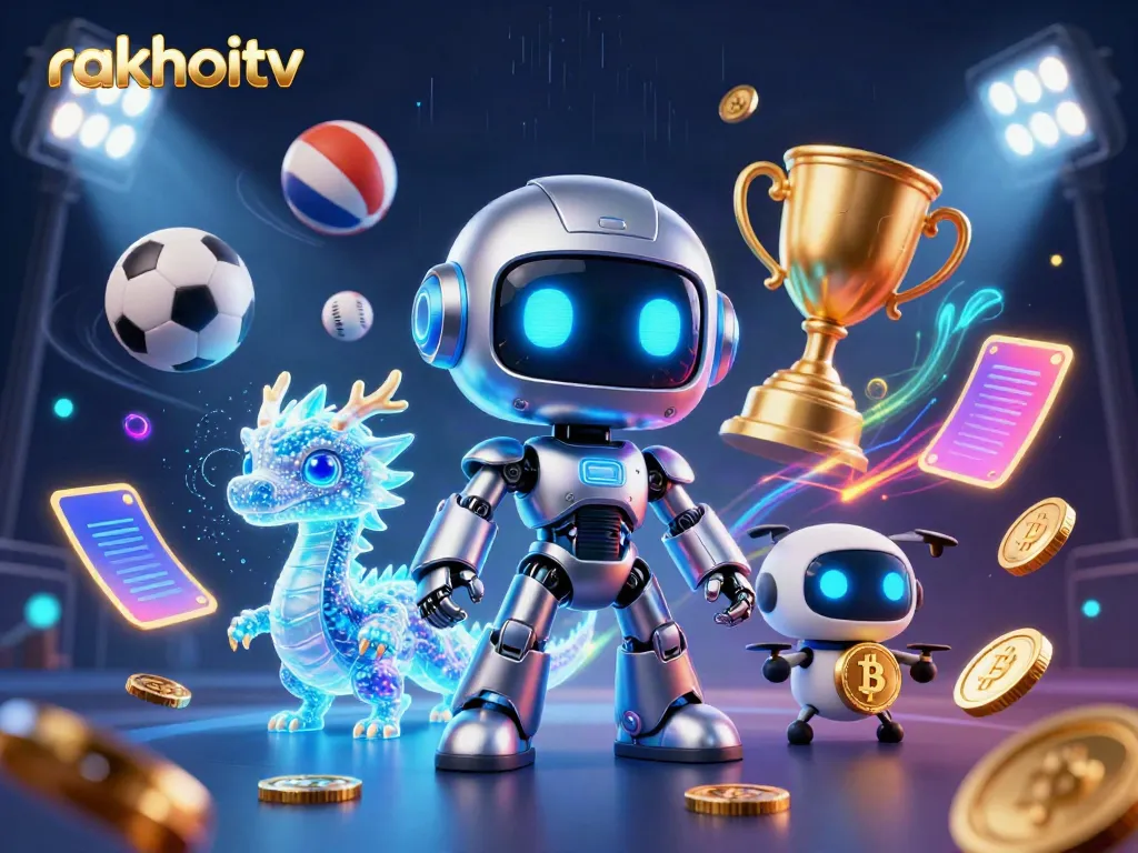 Betting on sports with rakhoitv, featuring a vibrant 3D scene filled with dynamic sports elements.