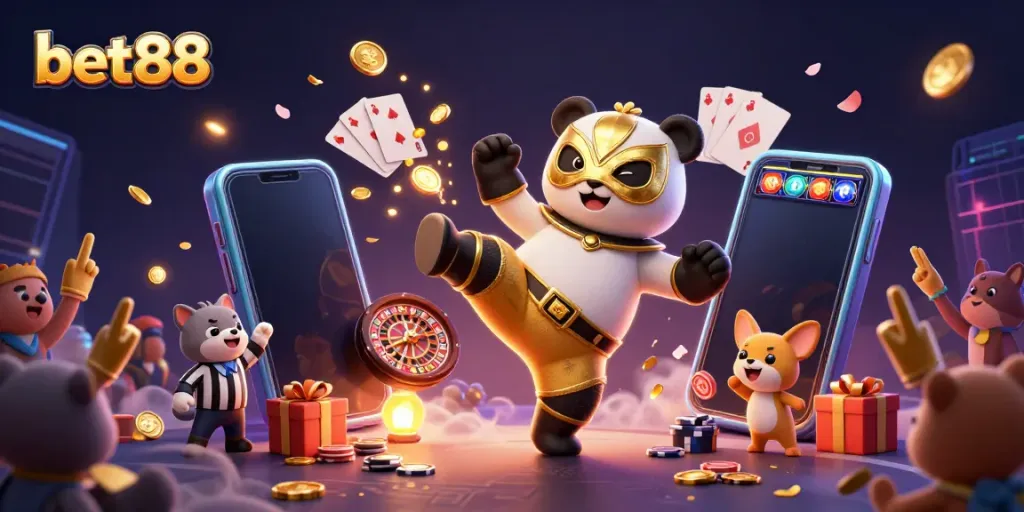 Experience the thrill of bet88 with a fun 3D wrestling panda in a dynamic gaming scene.