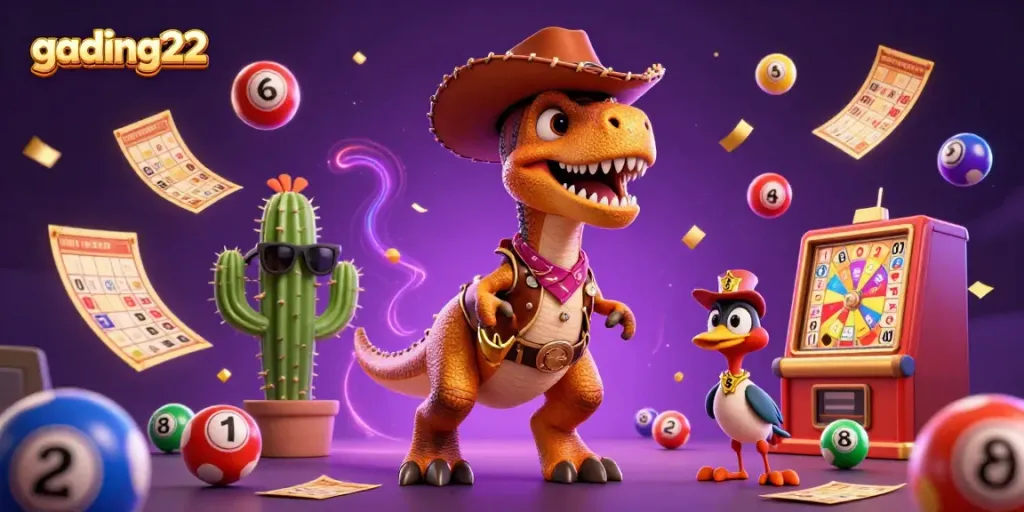 Experience excitement with gading22 lottery-themed 3D illustration packed with vibrant characters and game elements.