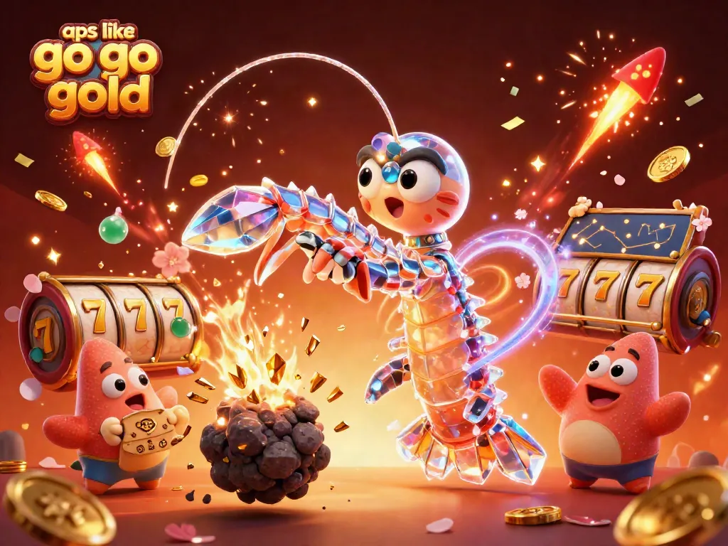 Engage with thrilling games like Go Go Gold as golden coins rain down in a vibrant casino scene.