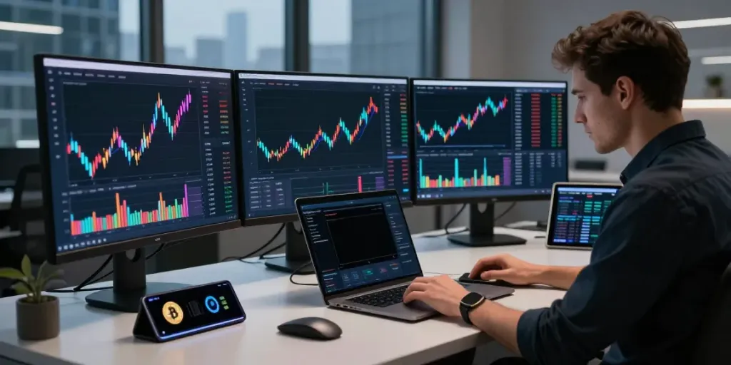 Real-time stock market API trading workspace with monitors, charts, and crypto tools in modern setup.