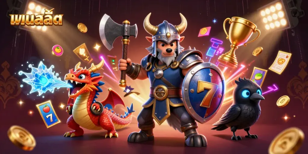 Experience the excitement of แบบสล็อต with heroic Viking and magical elements in a vibrant 3D illustration.