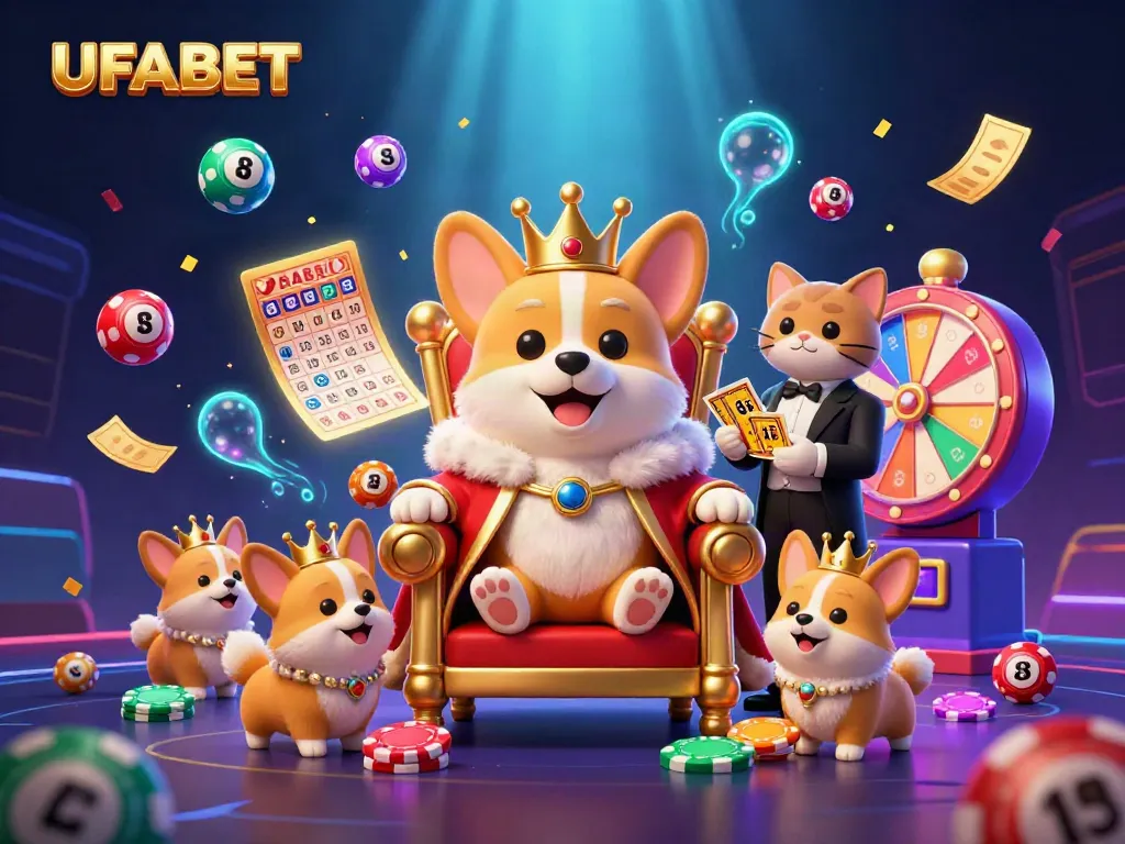 Experience the excitement of UFABET with a royal corgi amid a vibrant casino scene