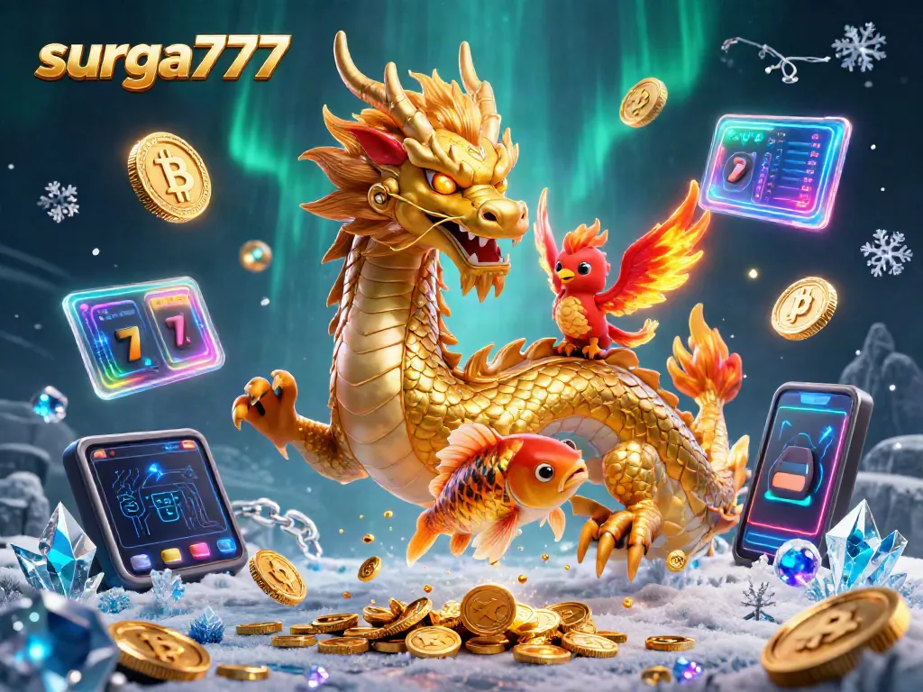 Experience slot gaming excitement with surga777, featuring a dragon, phoenix, and dazzling coins.