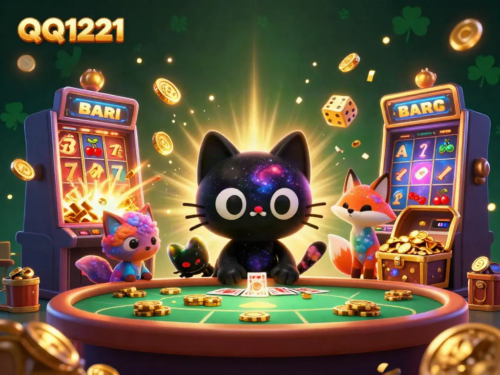 Experience the excitement of QQ1221 with a captivating 3D casino illustration of dynamic characters and game elements.