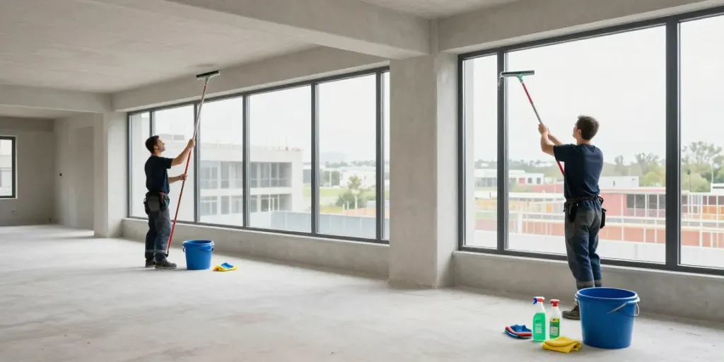 Professionelle Bauendreinigung in Bochum mit Reinigungsteam bei der Fensterreinigung und hellem Licht.