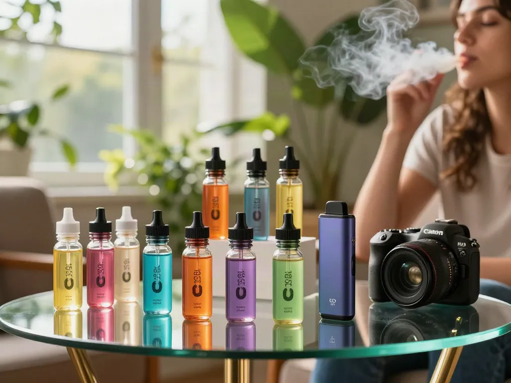 Selection of salt nic vapes in a vibrant setup with a person vaping in a cozy atmosphere