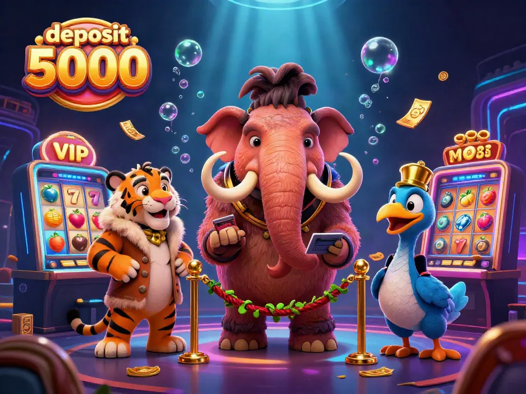 Experience the excitement of deposit 5000 slots with vibrant characters and casino elements in a dynamic illustration.