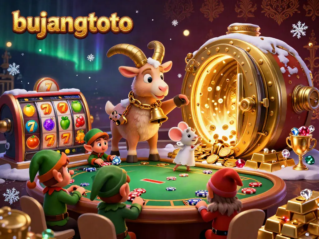 Bujangtoto showcases a dynamic casino scene with cartoon characters in a vibrant gambling atmosphere.
