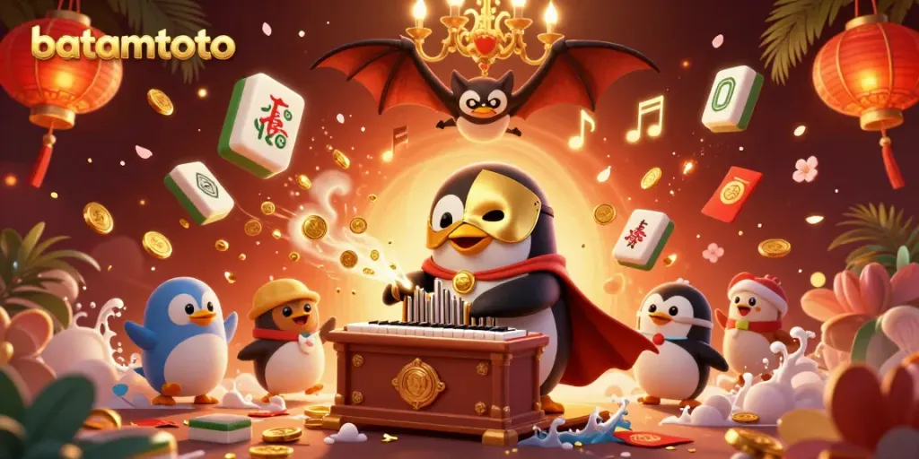 Experience batamtoto with an engaging scene showcasing a penguin playing an organ, surrounded by vibrant casino-themed elements.