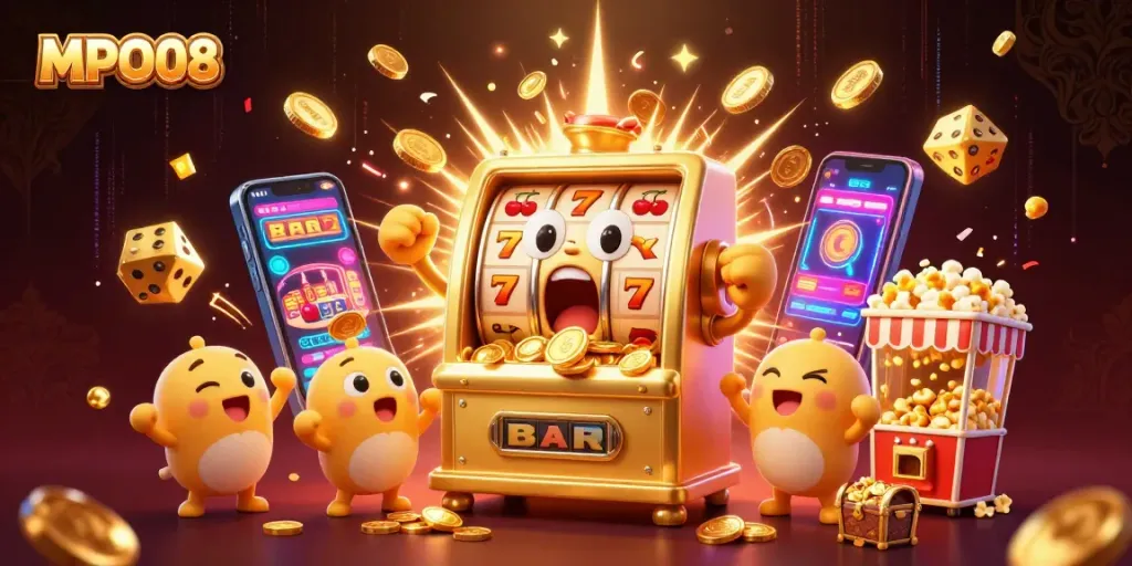 MPO08 brings excitement as the golden slot machine celebrates a jackpot surrounded by cheering machines and flying game symbols.
