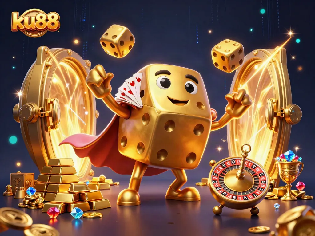 Experience excitement at ku88 with a 3D casino scene featuring a golden dice golem and vibrant treasures.