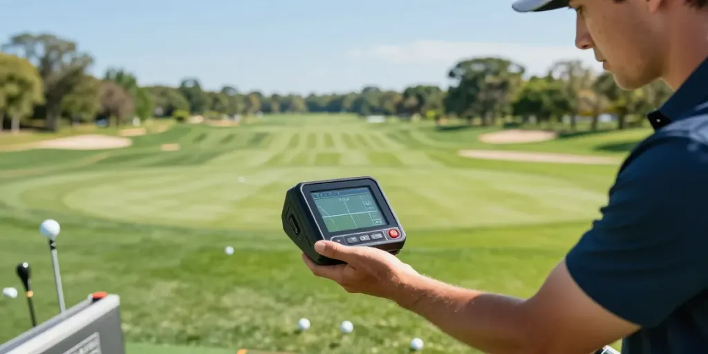 Golfer analyzing data on Budget Golf Launch Monitors during practice at a driving range.