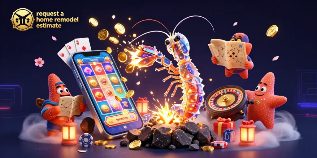 Engage with a vibrant scene showcasing "request a home remodel estimate" amidst dynamic gambling elements in a galactic setting.