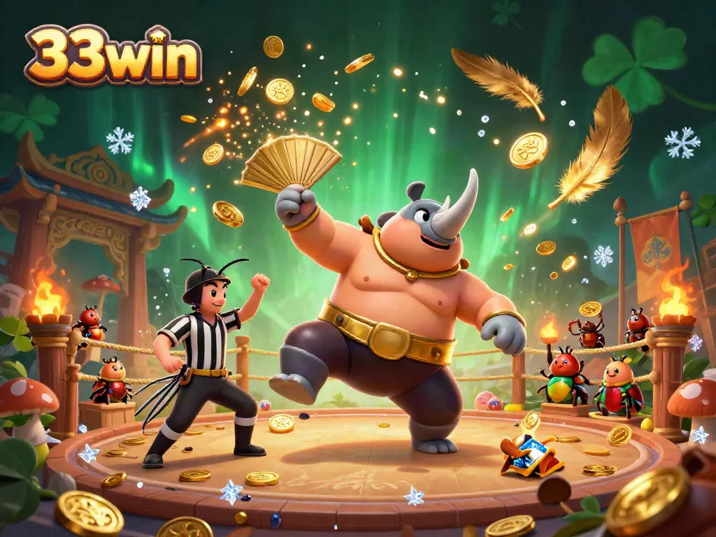 Experience the excitement of 33win with a vibrant sumo wrestling scene, featuring flying coins and dynamic characters.