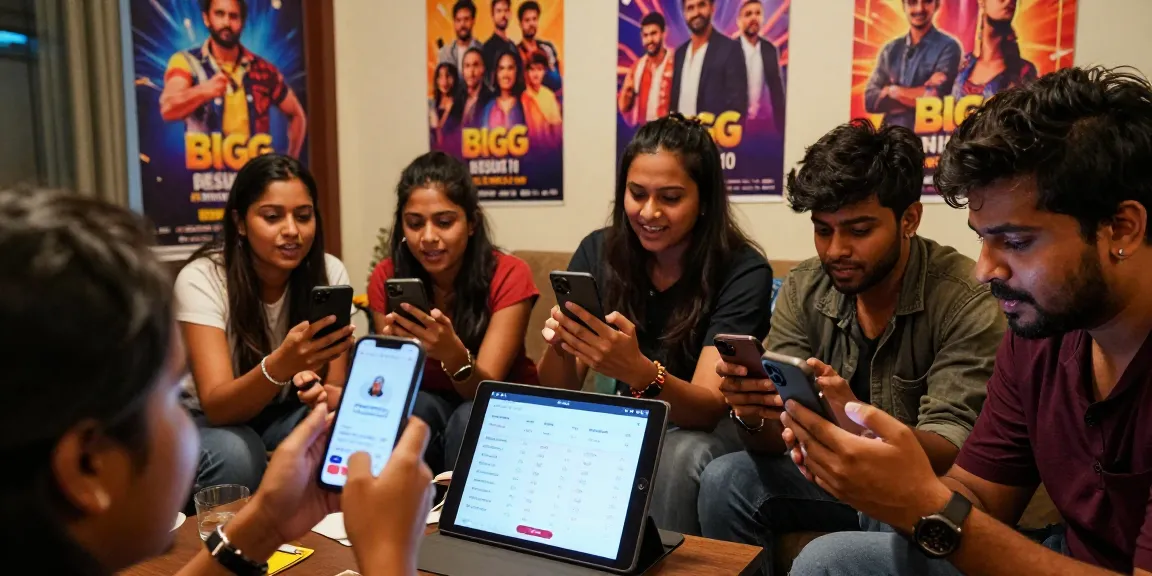 Engaged fans discussing bigg boss 10 voting results today telugu in a lively living room atmosphere.