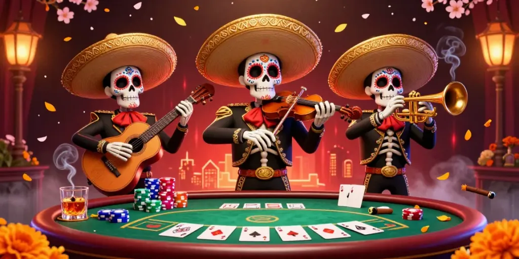 Gambaran kckslot di kasino, band mariachi berwarna-warni bermain dengan elemen perjudian.