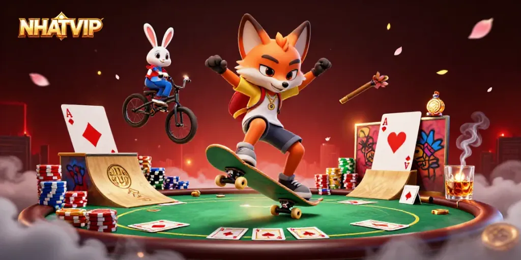 Experience NHATVIP's vibrant gambling scene with a skateboarder fox and BMX rabbit surrounded by poker elements.