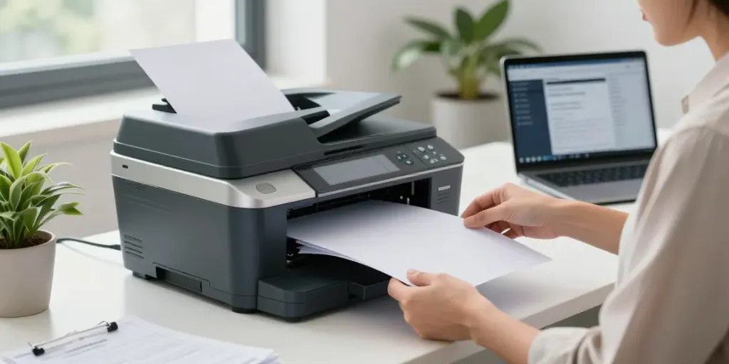 Efficient use of document scanners in a modern office workspace with a professional scanning documents.