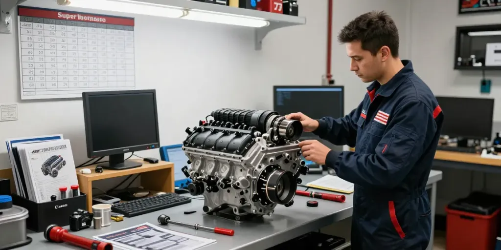 Hellcat motor for sale, showcasing a supercharged engine in a high-performance workshop environment.