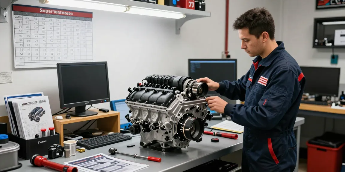 Hellcat motor for sale, showcasing a supercharged engine in a high-performance workshop environment.