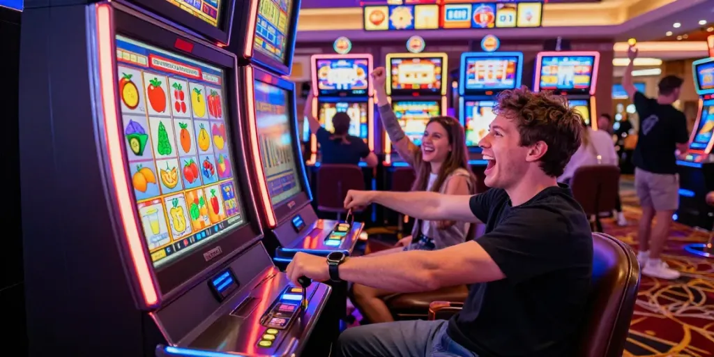 Player enjoying a thrilling สล็อต experience at a colorful casino.