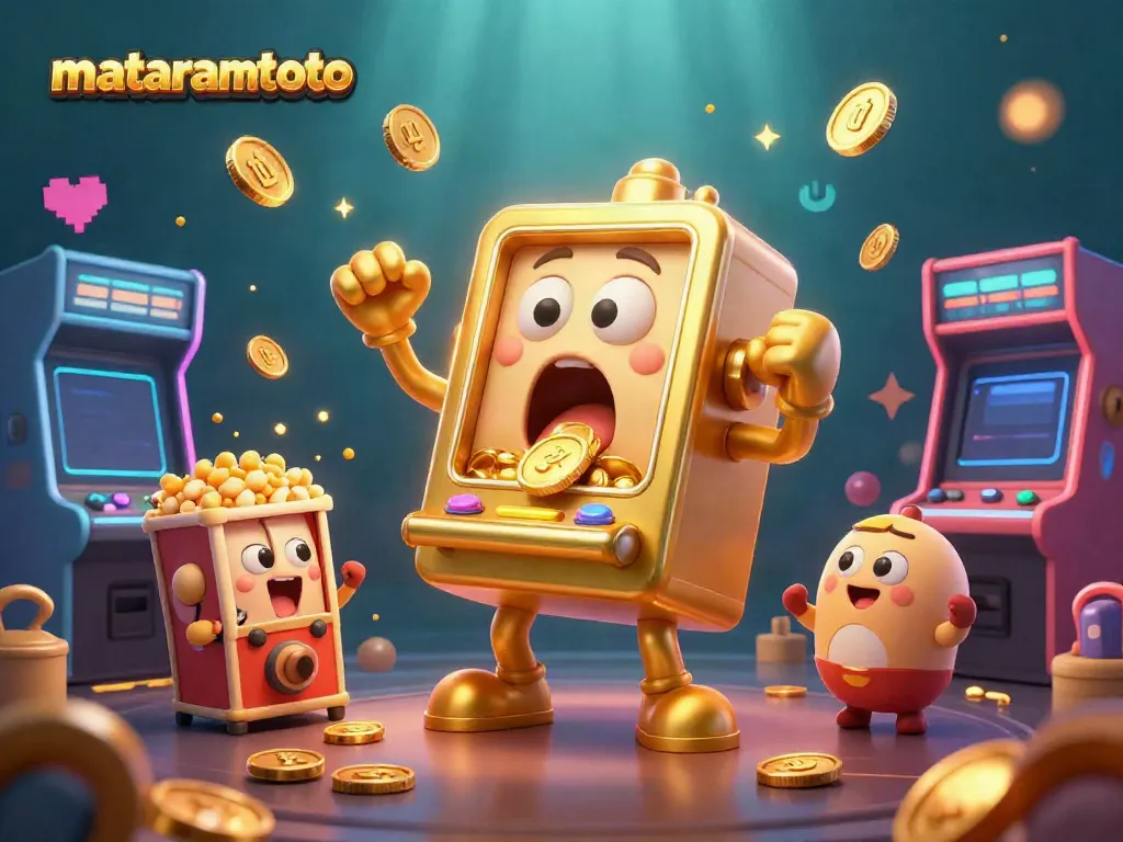 Experience the excitement of winning with mataramtoto's golden slot machine surrounded by cheering companions and vibrant gaming elements.