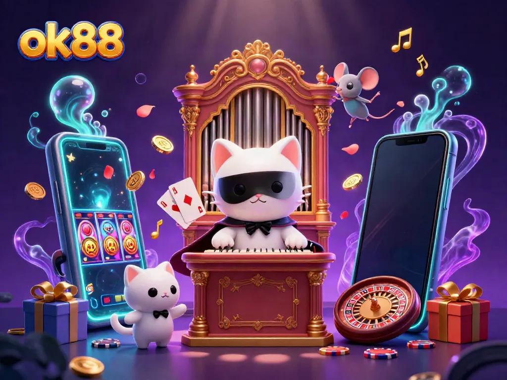Engage with exhilarating games at ok88, featuring a captivating casino scene of lively characters and iconic symbols.