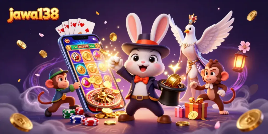 Engage with the magic of jawa138 as a cartoon rabbit pulls golden coins, accompanied by a dove and monkey amidst a vibrant slot game scene.
