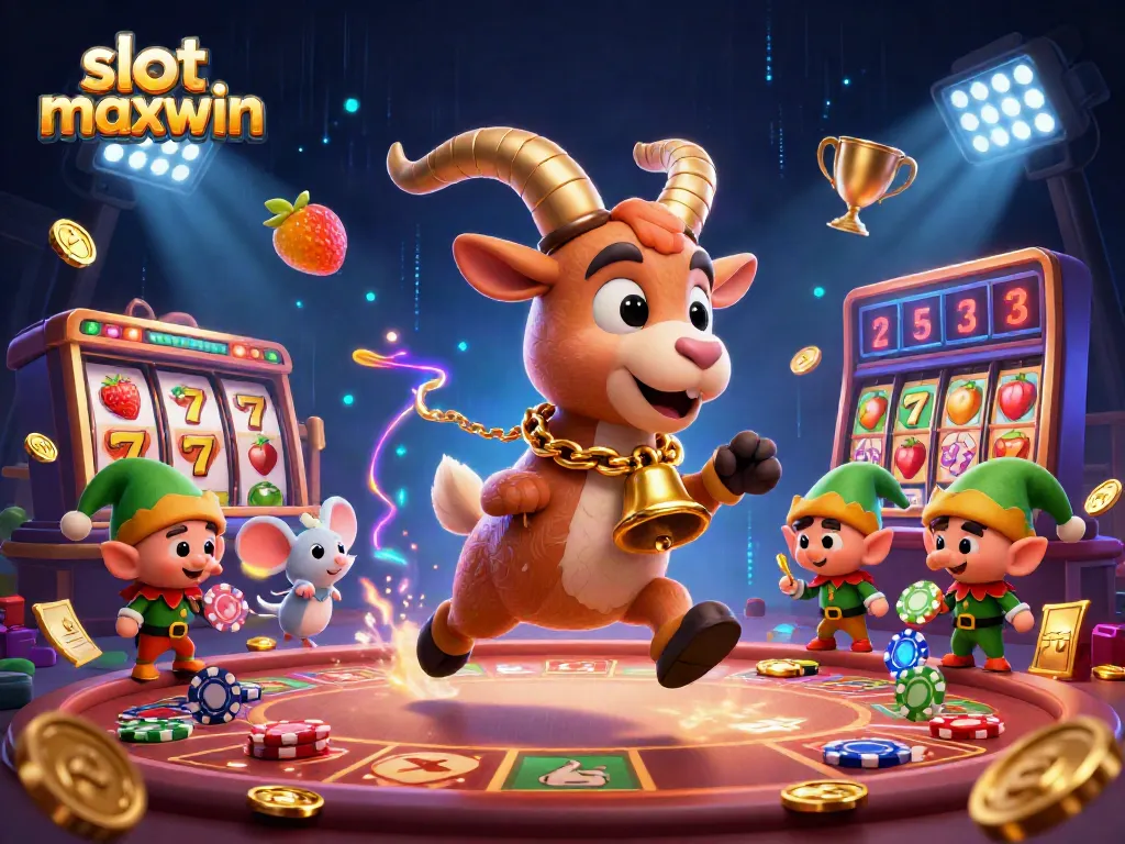 Experience the thrill of slot maxwin with festive characters and dynamic gaming elements in a vibrant casino scene.