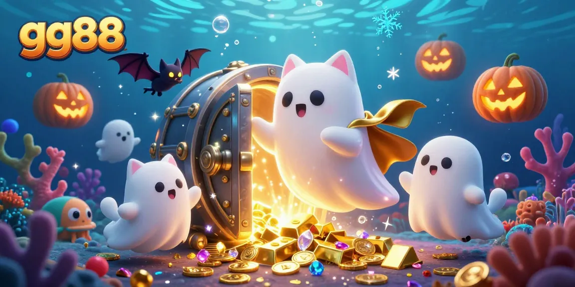 Explore the ocean-themed casino fun with gg88's ghost cat and vampire bat in a vibrant treasure vault.