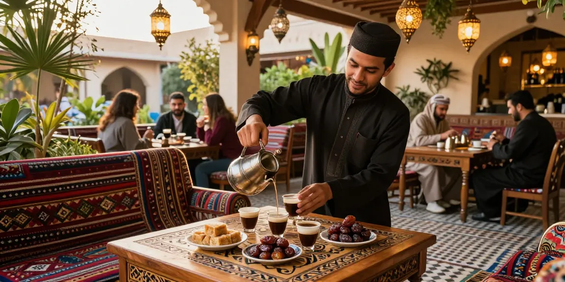 قهوجي الرياض يقدم القهوة العربية في مقهى تقليدي مع أجواء دافئة