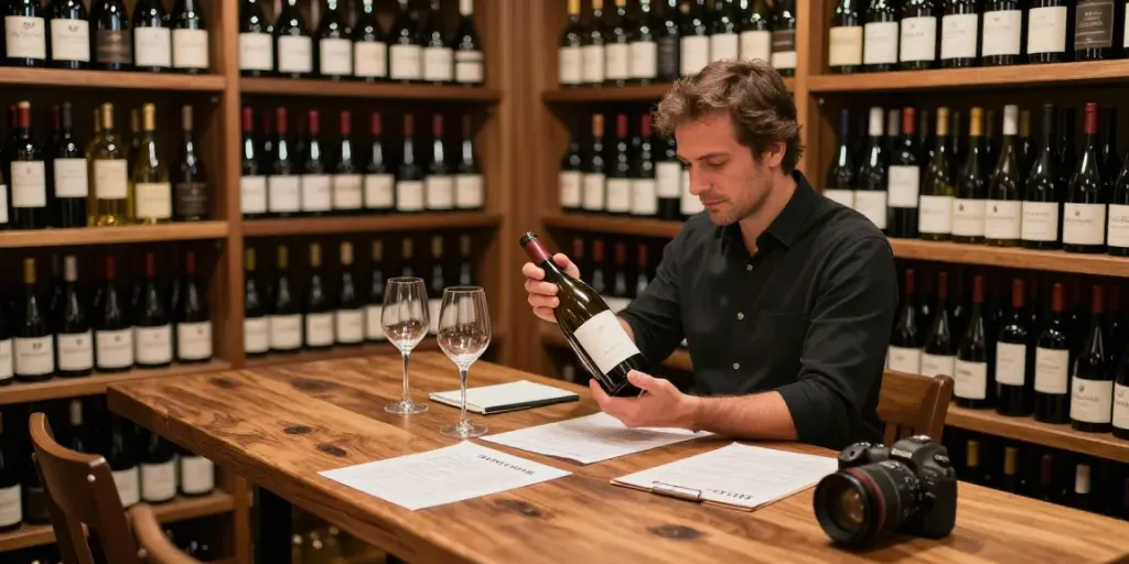 AVP Wine Collective showcasing artisanal wines in a rustic cellar with a sommelier examining a vintage bottle.