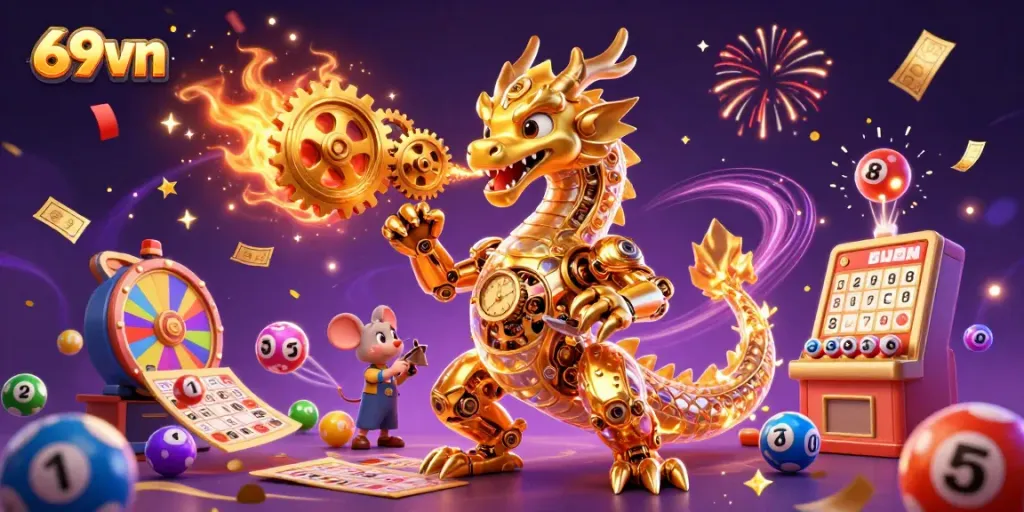 Experience thrilling moments with the golden dragon of 69vn, surrounded by vibrant lottery elements.