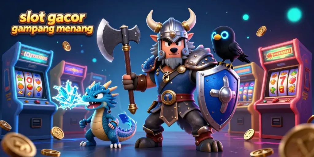 Slot gacor gampang menang menampilkan ilustrasi 3D dengan karakter kasino dan elemen game.