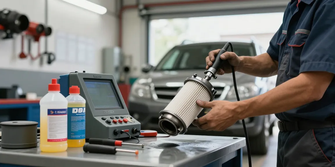 Mechaniker bei der DPF-Reinigung mit spezialisierten Werkzeugen in einer hellen Werkstatt.