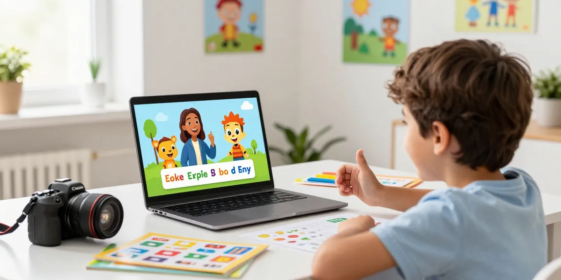 Child engaged in interactive English online for kids lesson with a cheerful tutor.