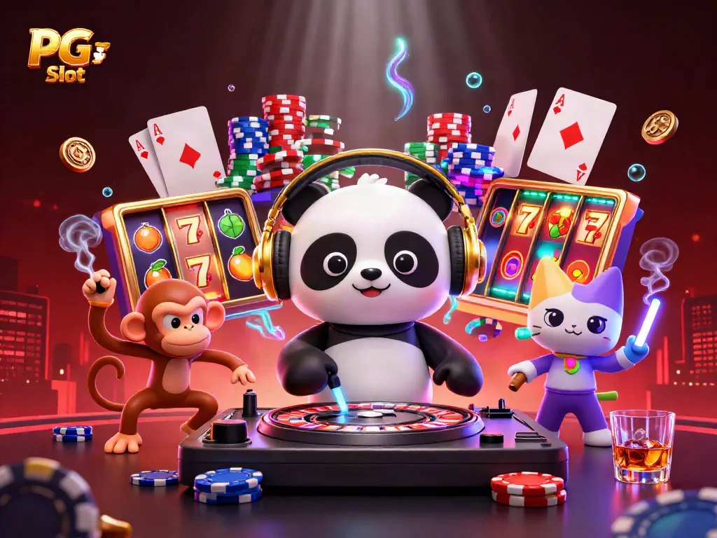 Menghadirkan PG Slot dengan panda DJ dan monyet, diiringi suasana rave yang ceria.